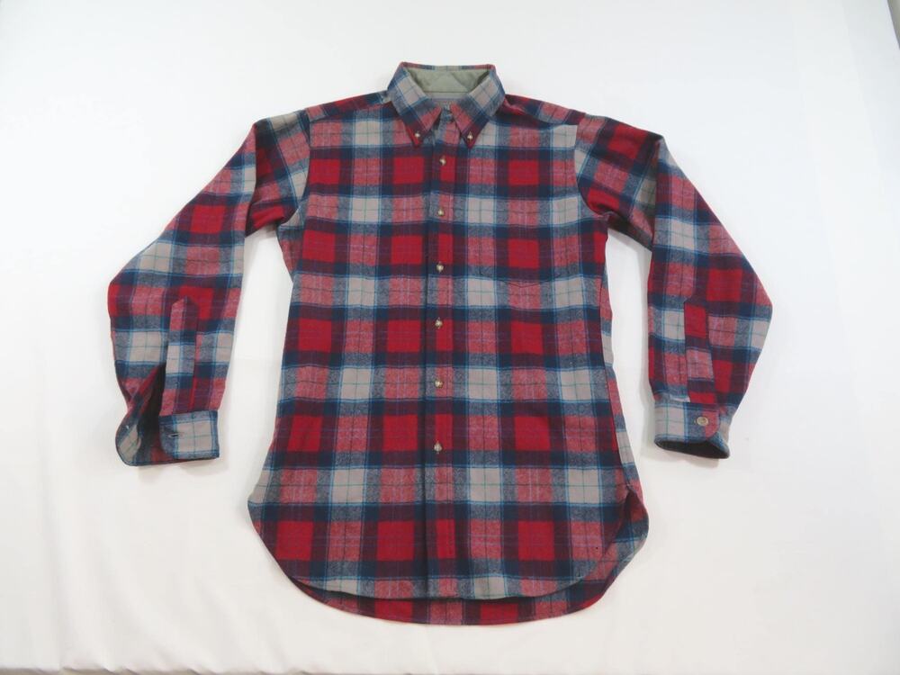 Pendleton Wool Flannel Shirt Red Blue Gray Plaid Made in USA Sz S 1970s